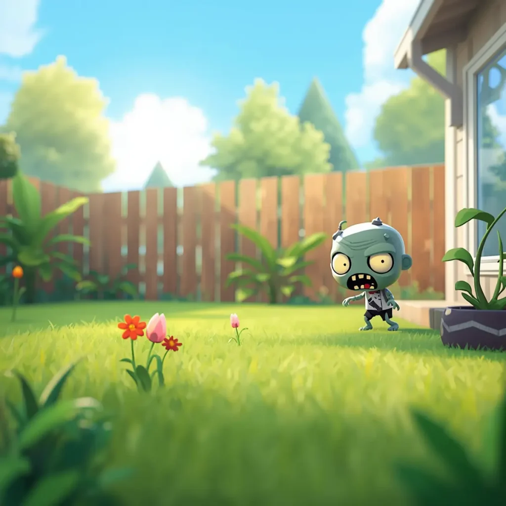 Small cartoon zombie walking toward a house in a bright green backyard scene.