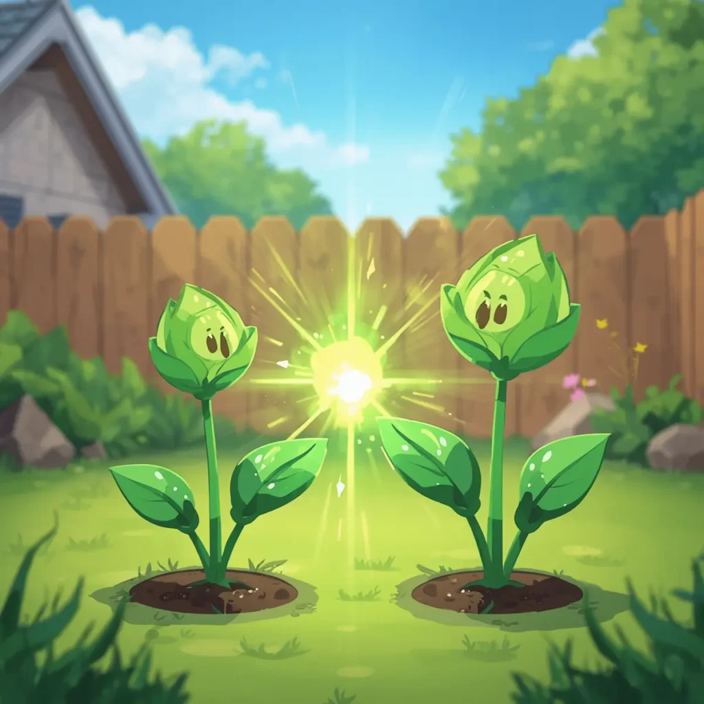 Two green plants glowing while merging with bright fusion energy in the backyard.