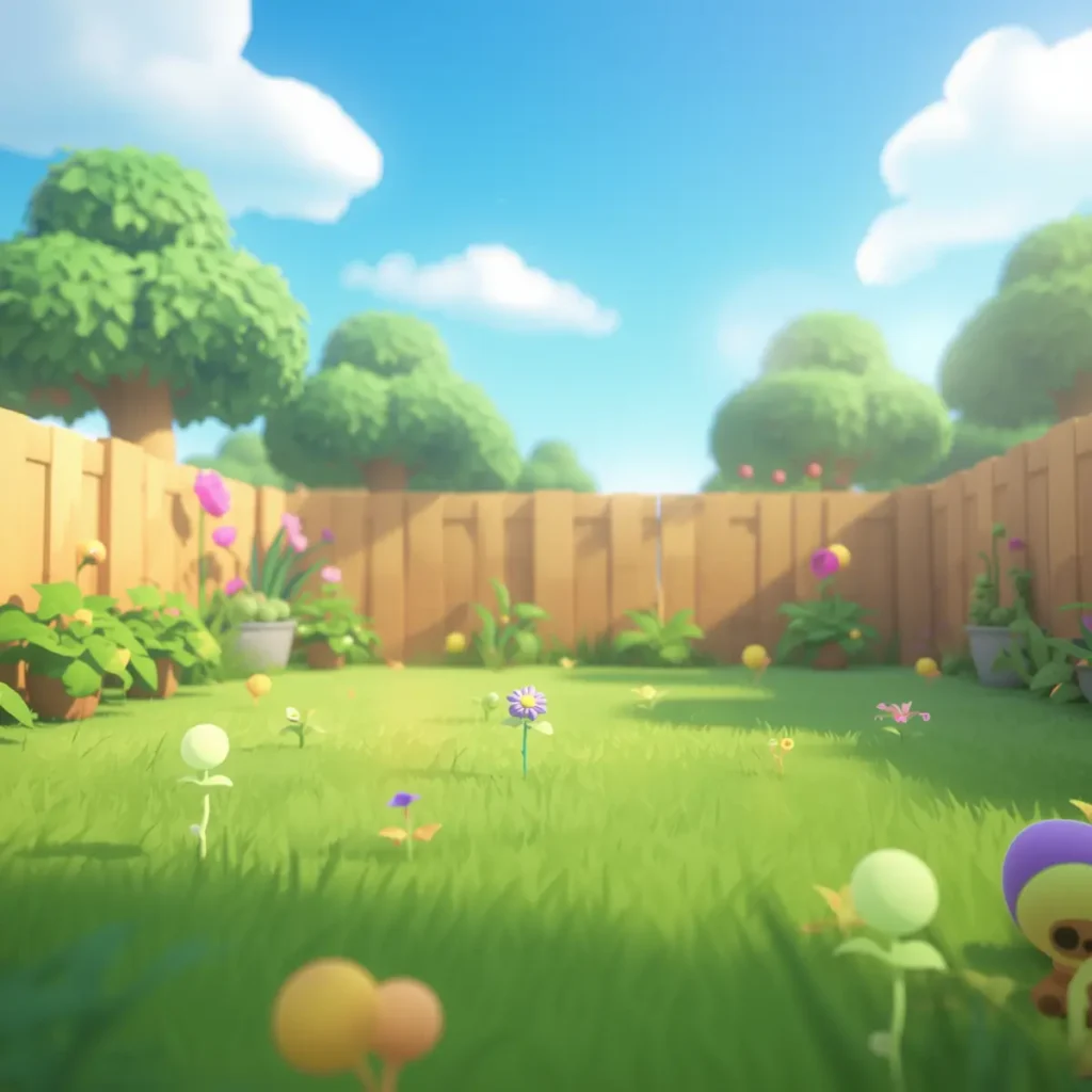 Empty sunny backyard battlefield with grass and fence before the fight begins.