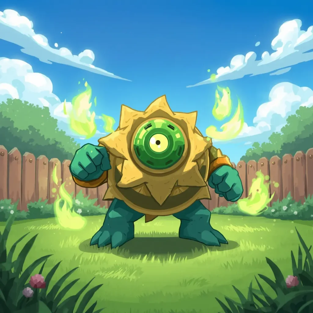 A strong fusion plant with green armor standing ready in a colorful backyard.