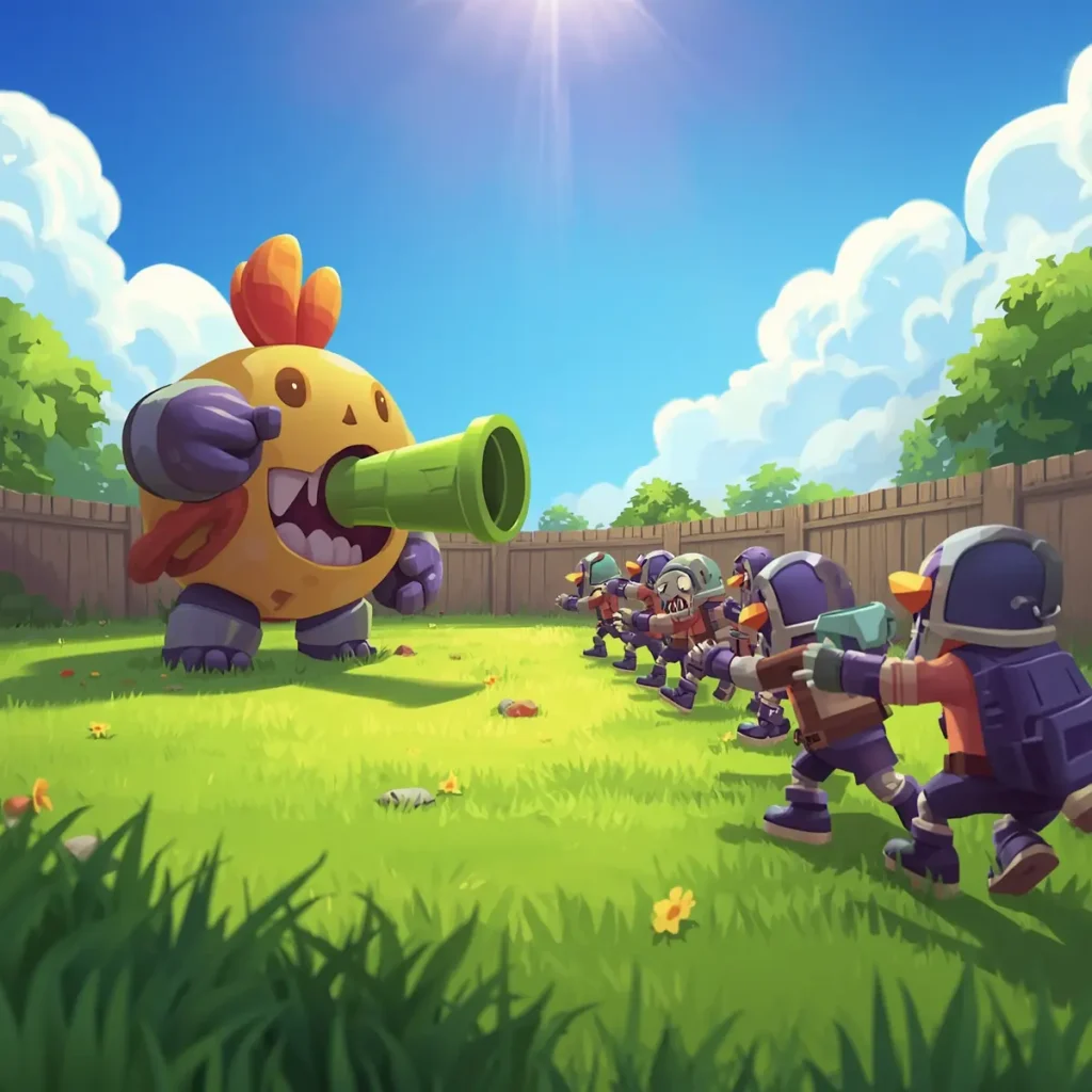 Fusion plant shooting peas at small zombies in a bright backyard battle scene.