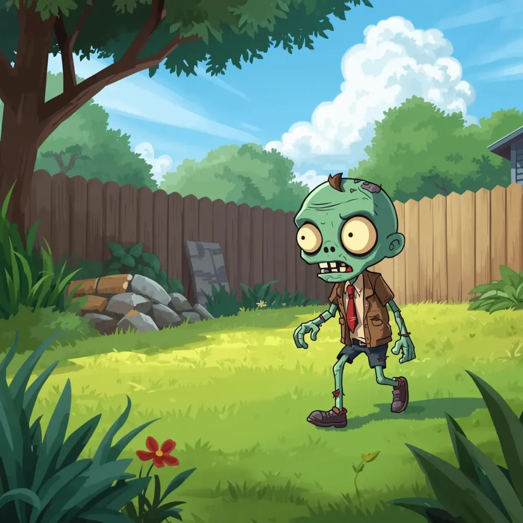 Cartoon zombie with green skin walking in a sunny backyard with grass and wooden fence.