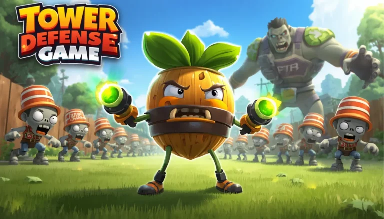 PVZ Fusion Apk 2 Fusion plant (Peashooter + Wall-nut) fighting zombies in colorful PVZ-style backyard battle.